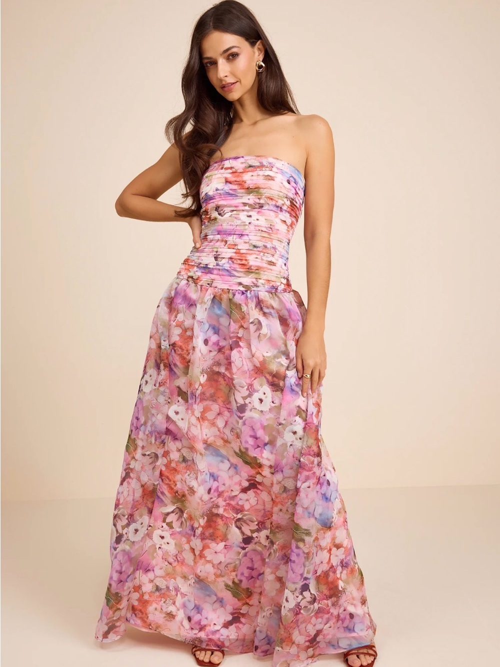 Lulus Kasandra Pink Multi Floral Organza Drop Waist Maxi Dress Small